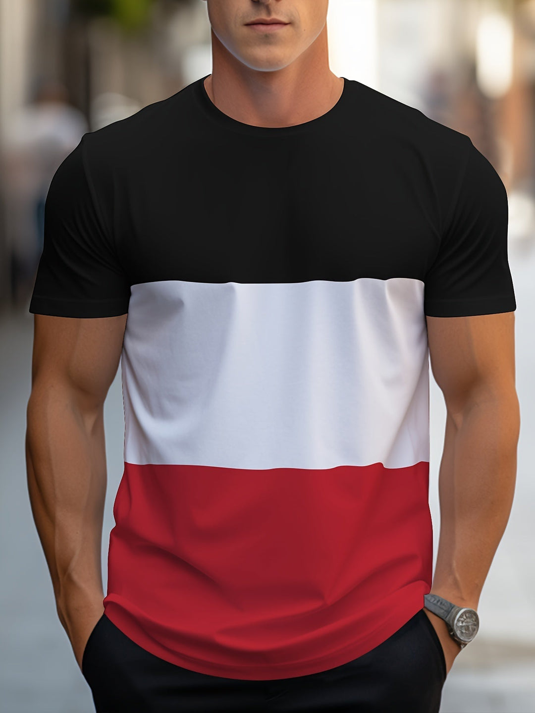 Modernes Herren T-Shirt, Colorblock-Design, Rundhals, Kurzarm für stylische Männer Mode.
