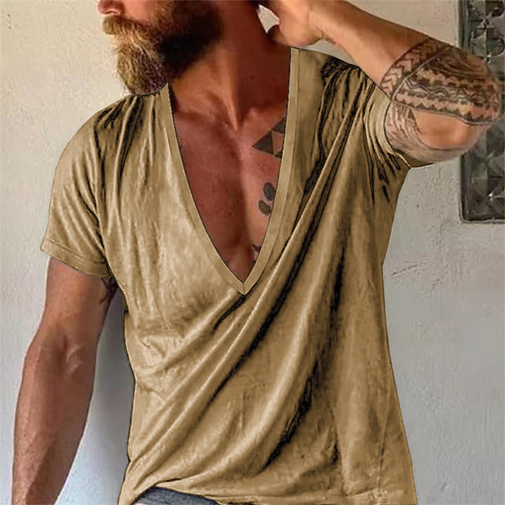 Lässiges Herren Kurzarm T-Shirt mit V-Ausschnitt, bequemer Stil für warme Sommer-Outfits.