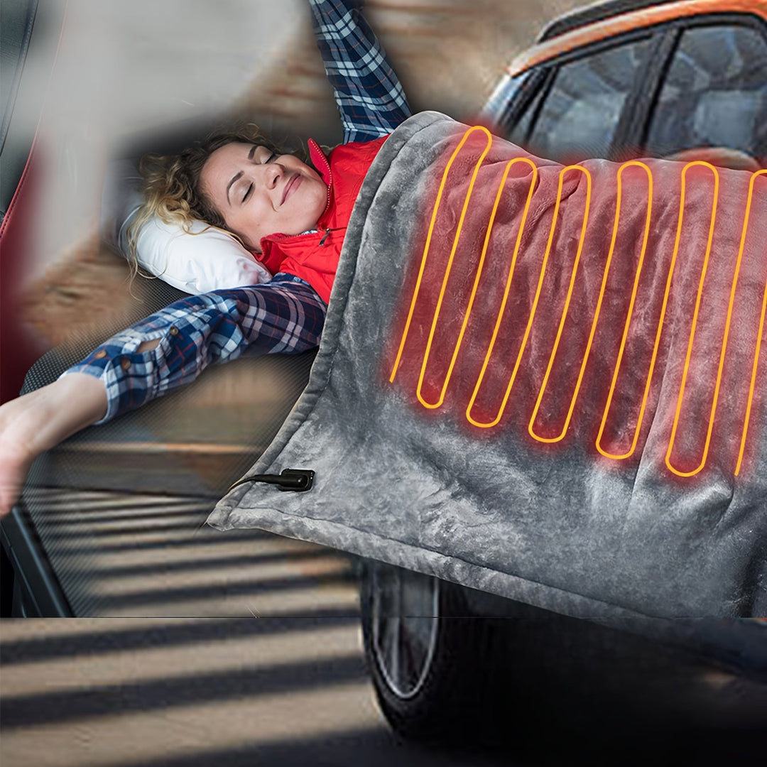 Graue 12V Campingdecke für Komfort im Zelt oder Wohnmobil, mit sicherem Überhitzungsschutz.