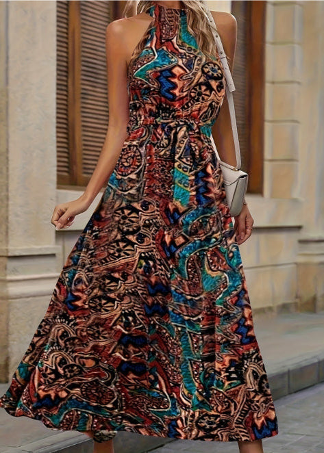 Elegantes Damen Sommer Maxikleid mit Boho-Print, hoher Taille und weiten Ärmeln, vielseitig für jede Gelegenheit.