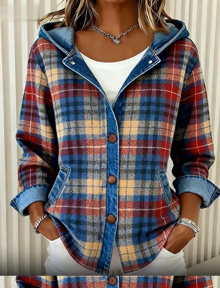 Vielseitige Damen Kapuzenjacke im Karomuster. Perfekte Übergangsjacke für den täglichen Casual Look und Freizeit.