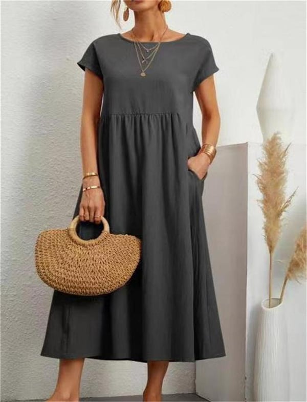 Rückansicht des knielangen Elodie Damen Leinenkleides. Luftiges & leichtes Sommerkleid für warme Tage.