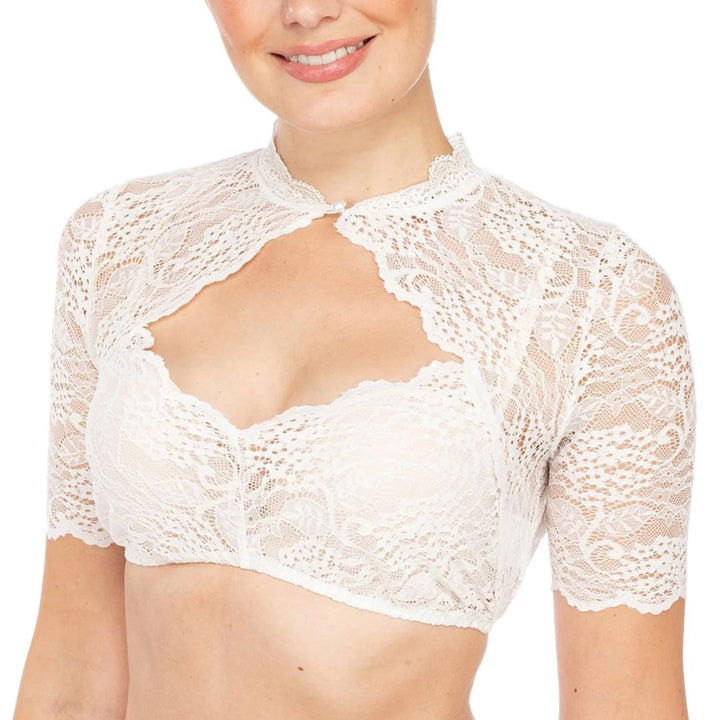 Vielseitige Dirndlbluse für Damen in Weiß oder Schwarz, mit Kurzarm und elegantem Ausschnitt.