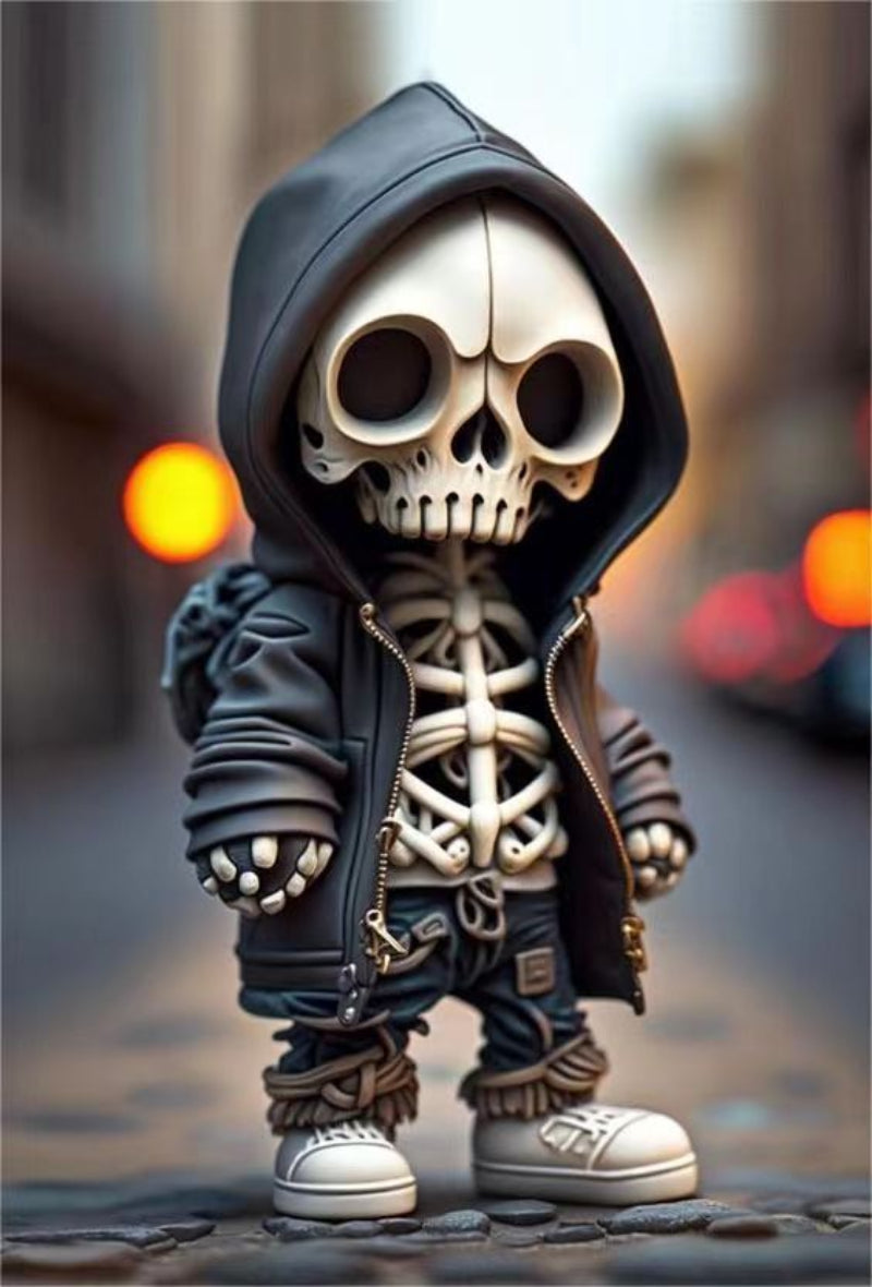Detailreiche Halloween Skelett-Statue mit Schädel für Schreibtisch oder Regal. Perfektes gruseliges Wohnaccessoire.