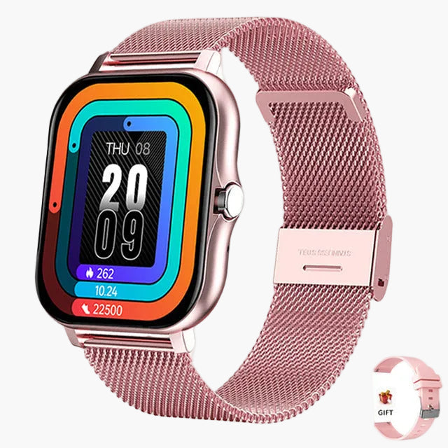 Digitale Damenuhr: Smartwatch Display zeigt Schrittzähler, Kalorien & Uhrzeit, modernes Design.