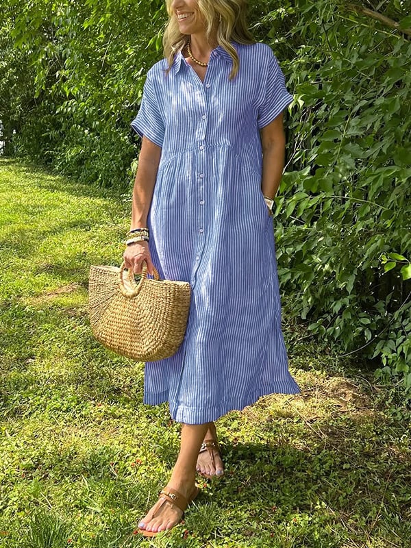 Elegantes Damen Maxikleid mit Blusenkragen und Kurzarm, ideal für Sommer und Freizeit.