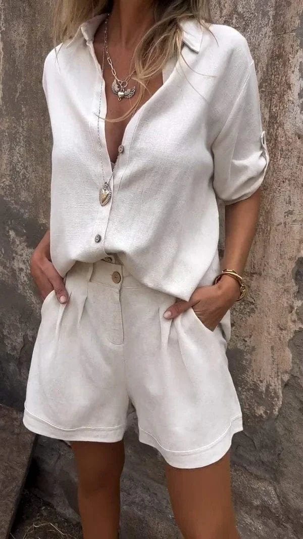 Bequemer Damen Freizeit Zweiteiler mit stilvollem Langarm Hemd & bequemer weiter Hose.