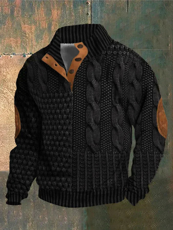 Bequemes Herren Oberteil: Patchwork Strickpullover mit Zopfmuster & Knopfkragen für den Alltag.