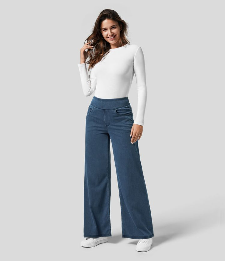 Helleblaue Damen High-Waist Jeans, bequem und elegant, perfekt für frische Freizeit-Styles.