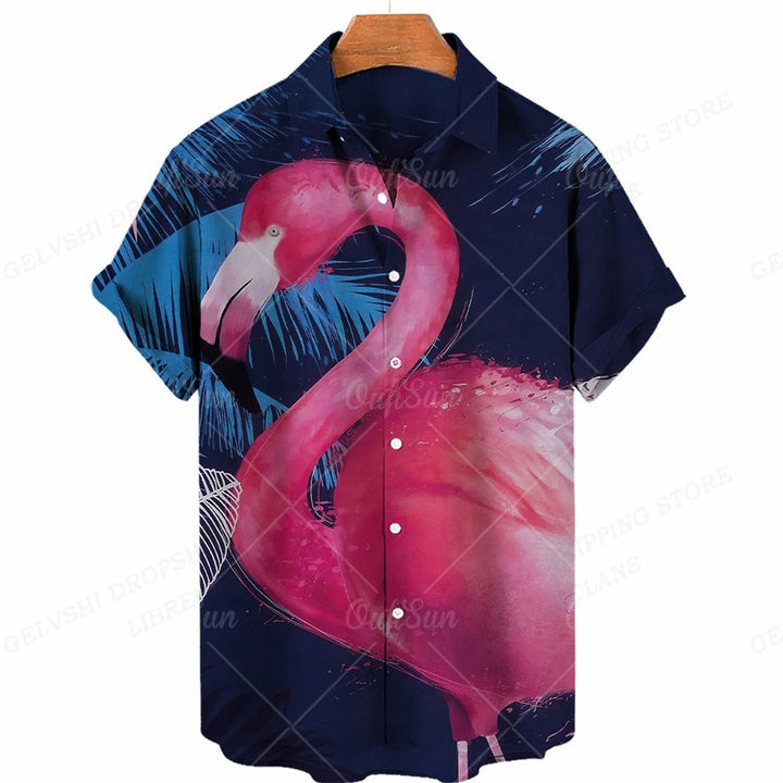 Modisches Herren Sommer Hemd mit auffälligem 3D Flamingo Muster; Strandmode für den Urlaub.
