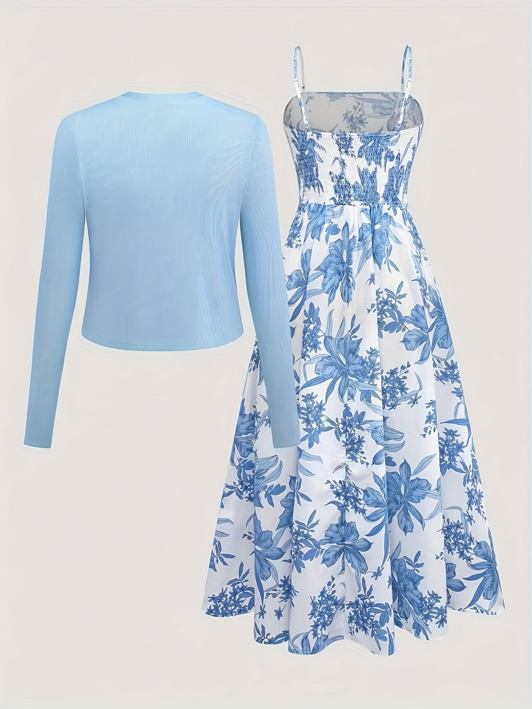 Knielanges Blumen-Midikleid, kombiniert mit passendem Cardigan. Ein stilvolles Set für Damen.