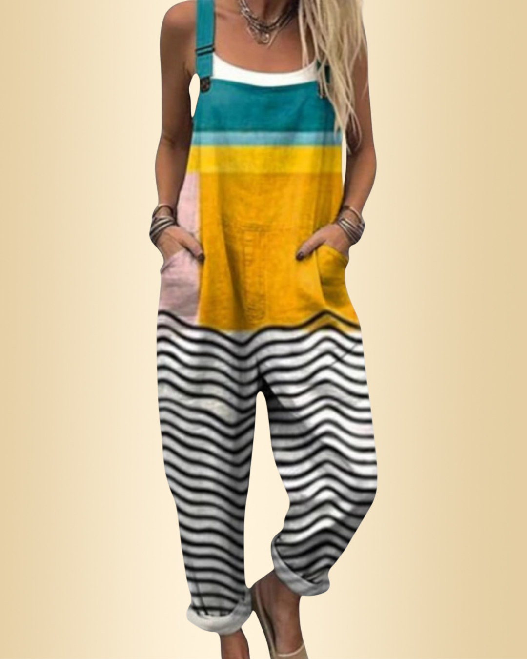 Damen Jumpsuit mit weitem Bein, lockerer Passform & praktischen Taschen in lebhafter Farbe für Sommer & Freizeit.