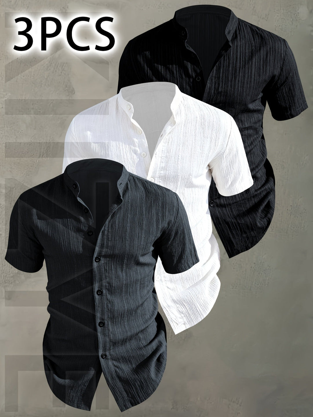 Herren 3er-Pack Stehkragen Hemden, Kurzarm, modisch für Freizeit und Sommer.