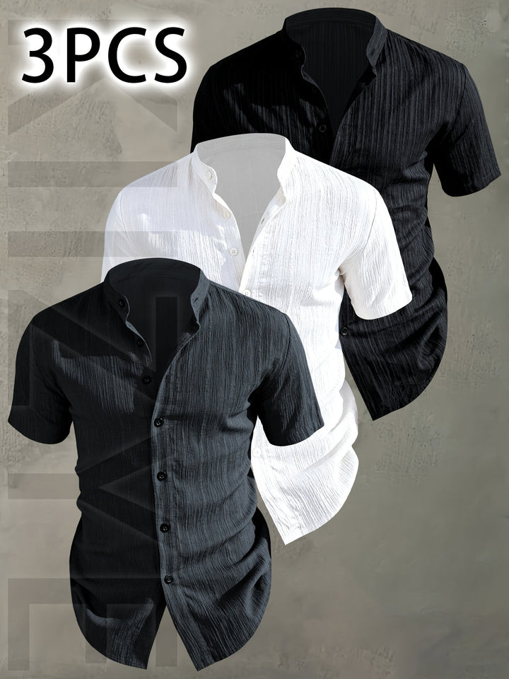 Herren 3er-Pack Stehkragen Hemden, Kurzarm, modisch für Freizeit und Sommer.