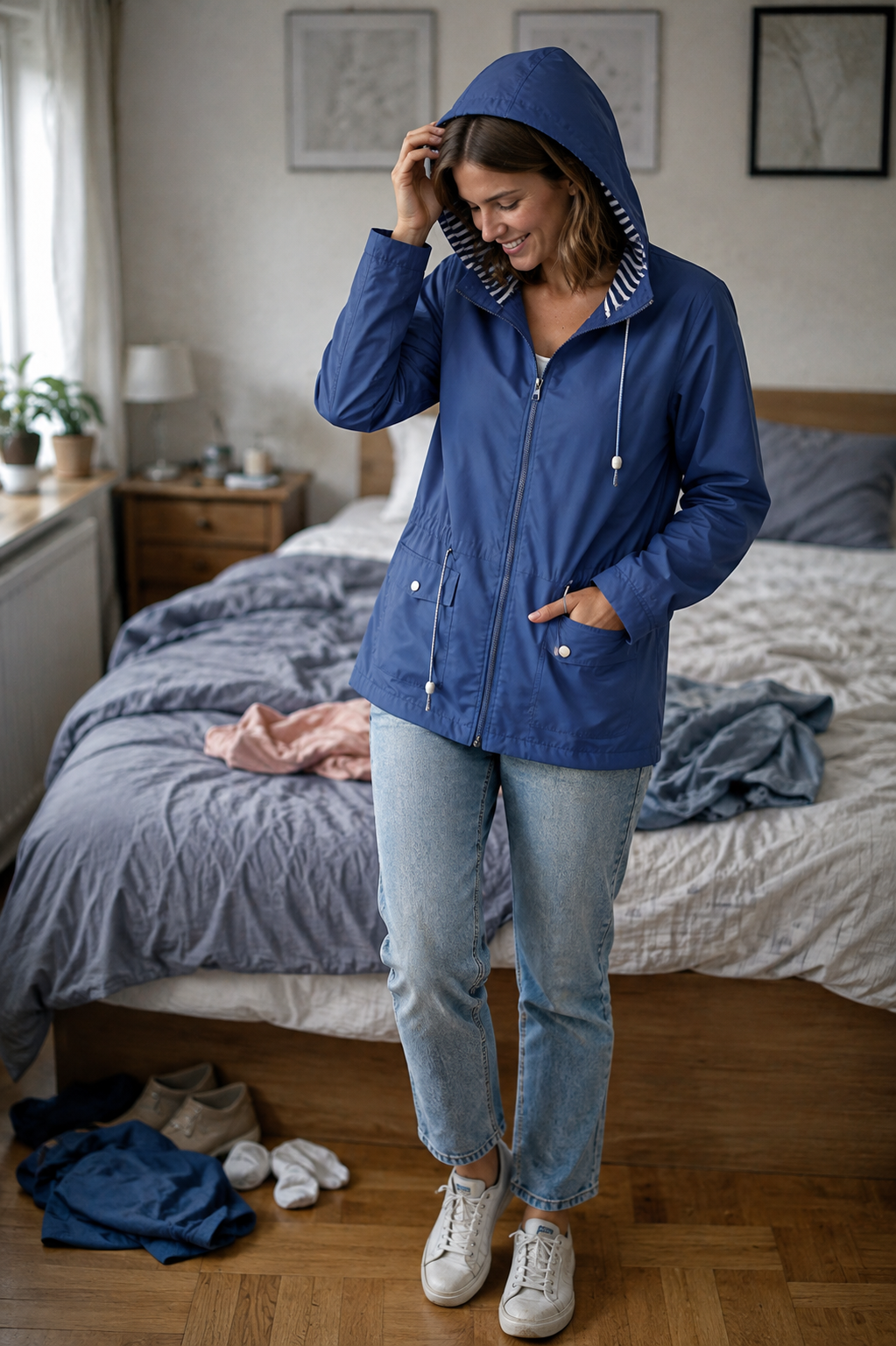 Damen Regenjacke mit Kapuze und Reißverschluss, wasserdicht, ideal für Frühling und Herbst.