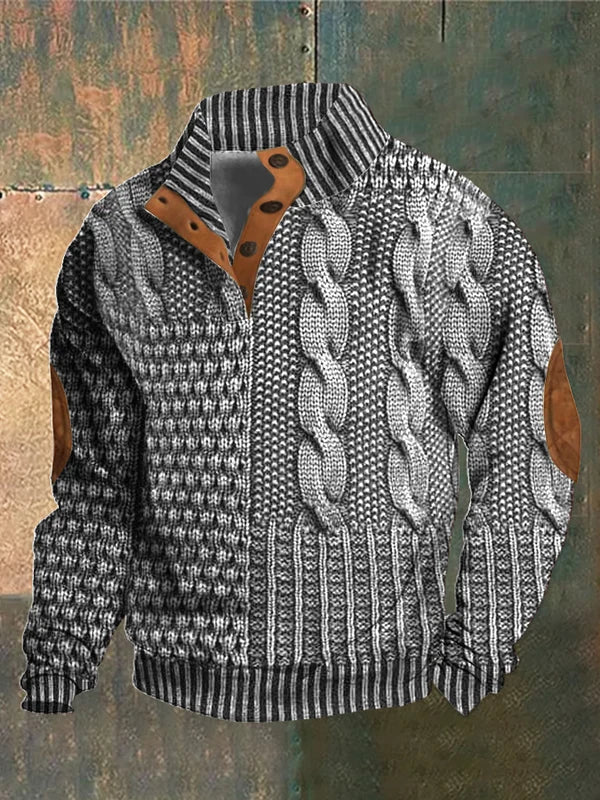 Moderner Herren Pullover, Langarm, mit Knopfkragen, Patchwork & Zopfmuster-Details. Herrenmode.