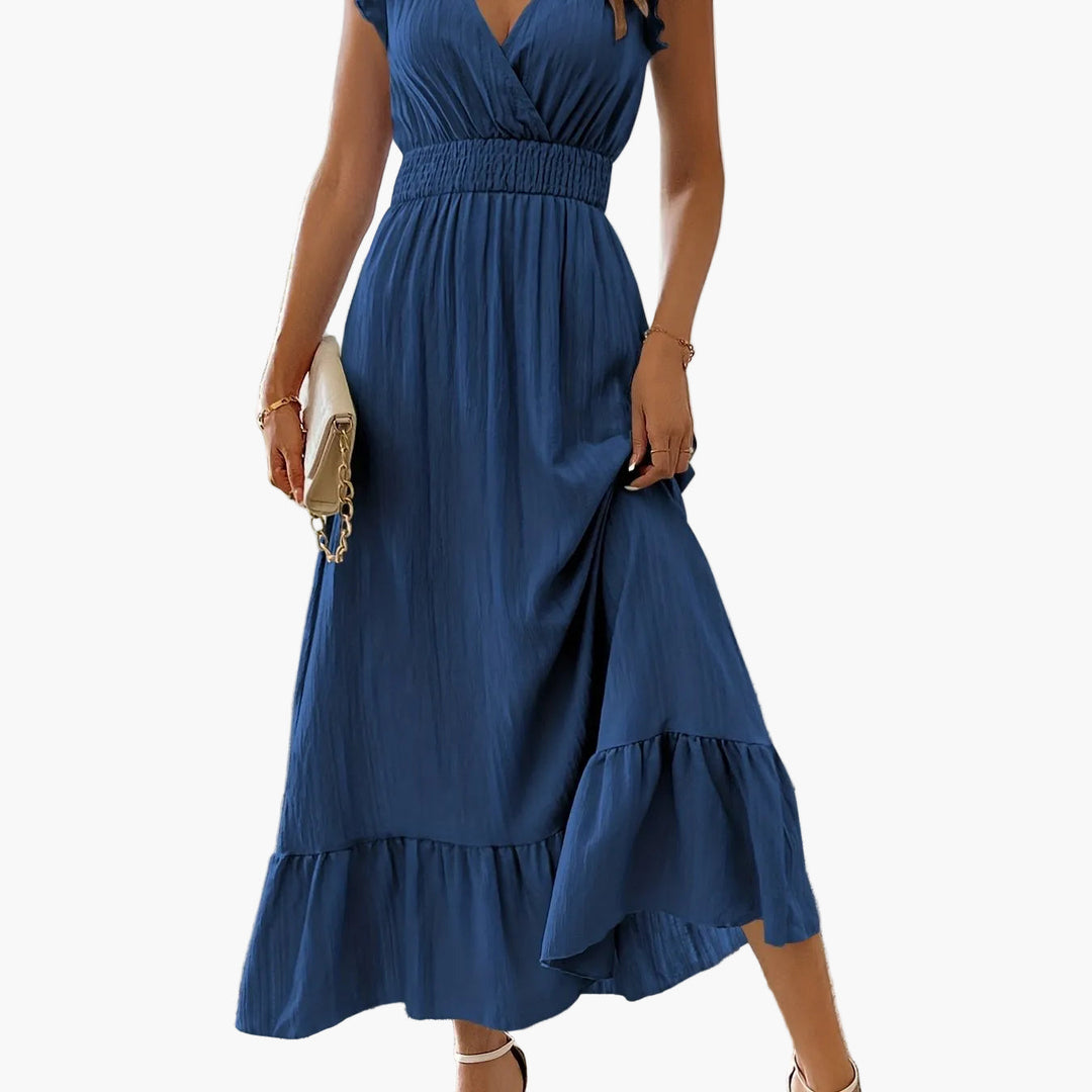 Stilvolles Damen Maxikleid, romantisch mit Volantärmeln, V-Ausschnitt. Perfektes Sommerkleid.