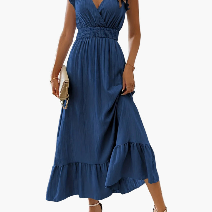 Stilvolles Damen Maxikleid, romantisch mit Volantärmeln, V-Ausschnitt. Perfektes Sommerkleid.