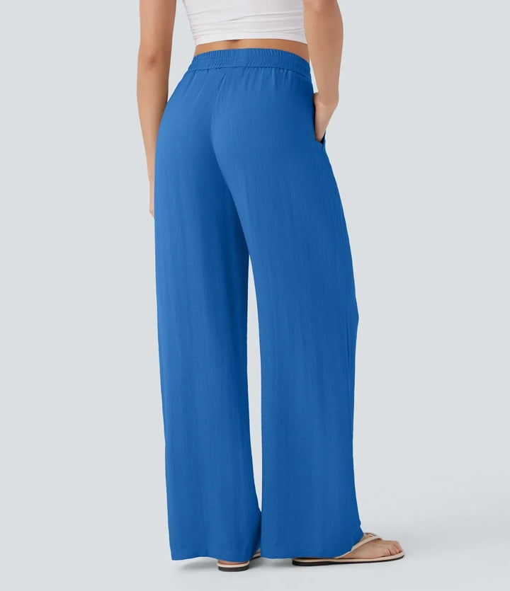 Elegante Damen Sommerhose mit weitem Bein, Kordelzug. Lockerpassform & Seitentaschen. Alltagsmode.