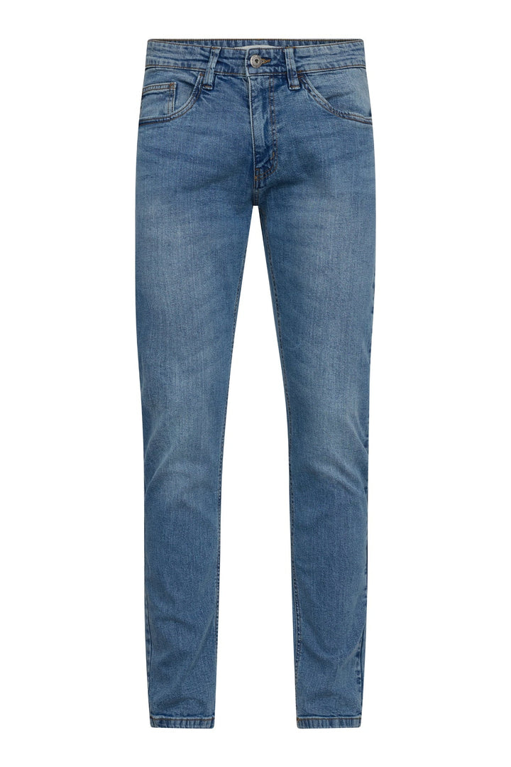 Angenehm zu tragende blaue Herrenjeans, gerades Bein, Mid-Rise, aus weichem Baumwolldenim.