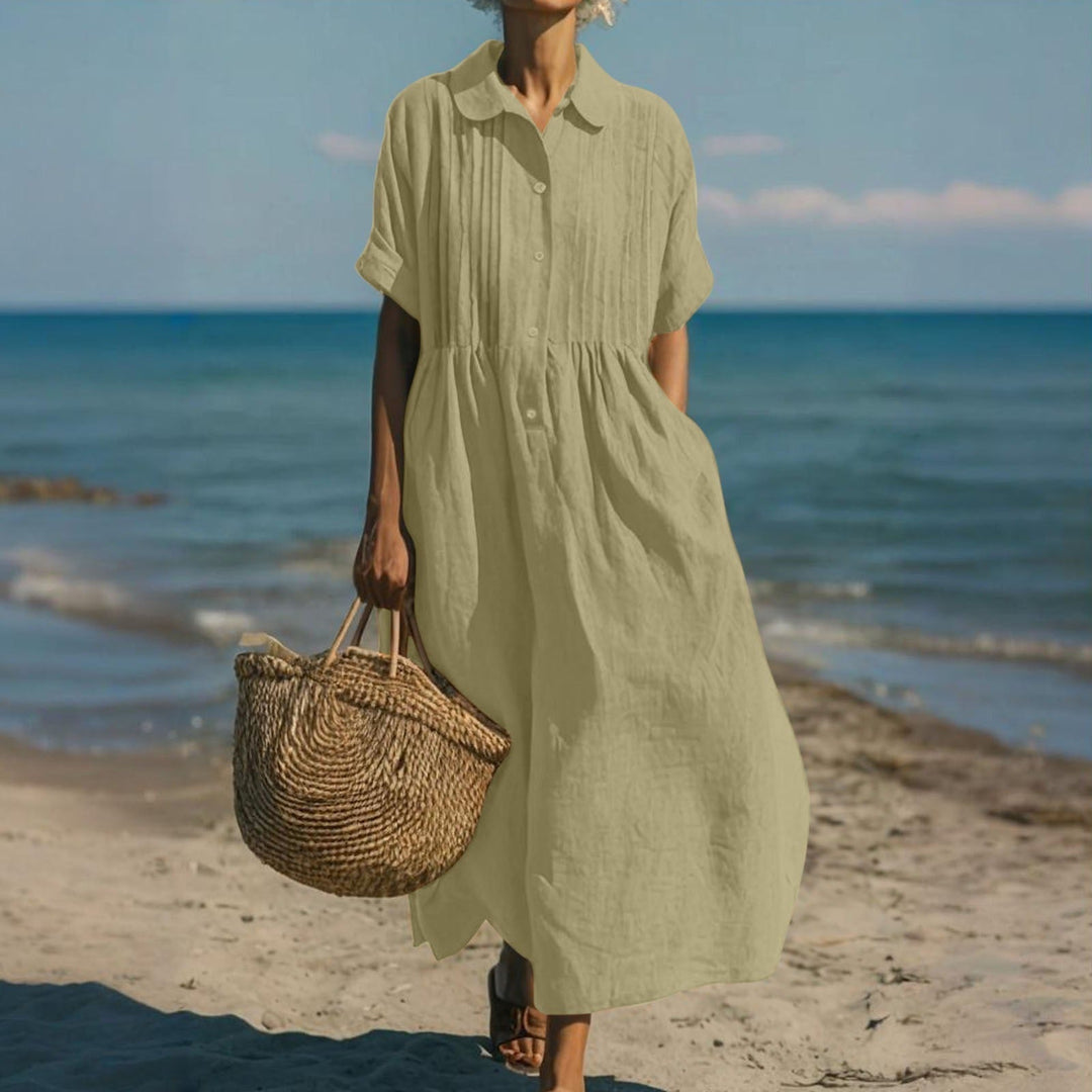 Alltagstaugliches Damen Sommerkleid, ein luftiges Maxikleid mit Pintuck-Kragen und Knopfleiste.