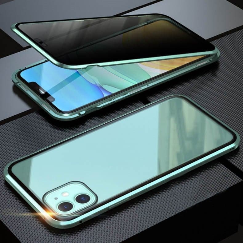 Magnetische Sichtschutz iPhone Hülle mit Metallrahmen, bietet 360 Grad Schutz und Privatsphäre für dein Handy.