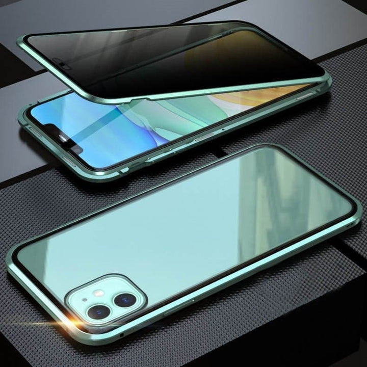 Magnetische Sichtschutz iPhone Hülle mit Metallrahmen, bietet 360 Grad Schutz und Privatsphäre für dein Handy.