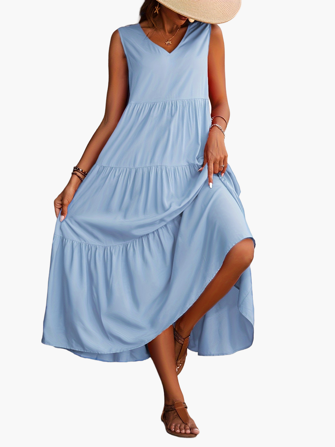 Fließendes Damen Sommer Maxikleid, V-Ausschnitt, ärmellos, elegant und komfortabel, perfekt für feminine Styles.