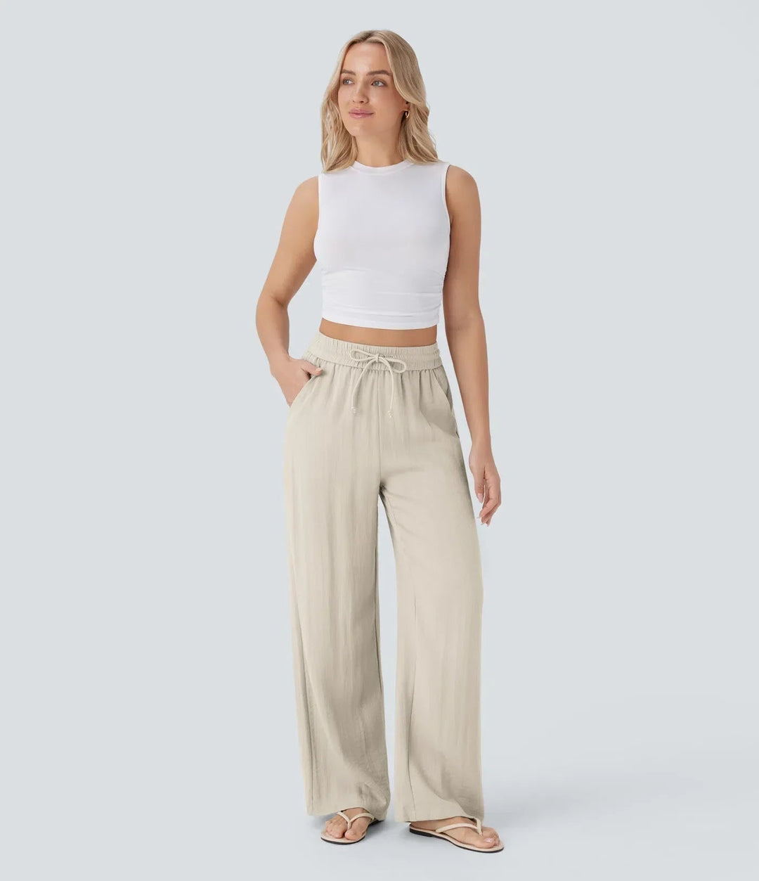 Sommerhose Damen: weites Bein, eleganter Schnitt. Kordelzug & Seitentaschen. Perfekt für Alltag & Urlaub.