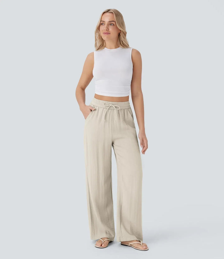 Sommerhose Damen: weites Bein, eleganter Schnitt. Kordelzug & Seitentaschen. Perfekt für Alltag & Urlaub.