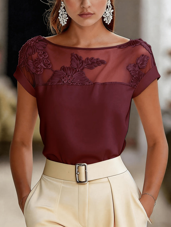 Damenbluse elegant für Abendmode, Businesslook. Mit exquisiter Floralstickerei & verführerischem Illusion-Ausschnitt.