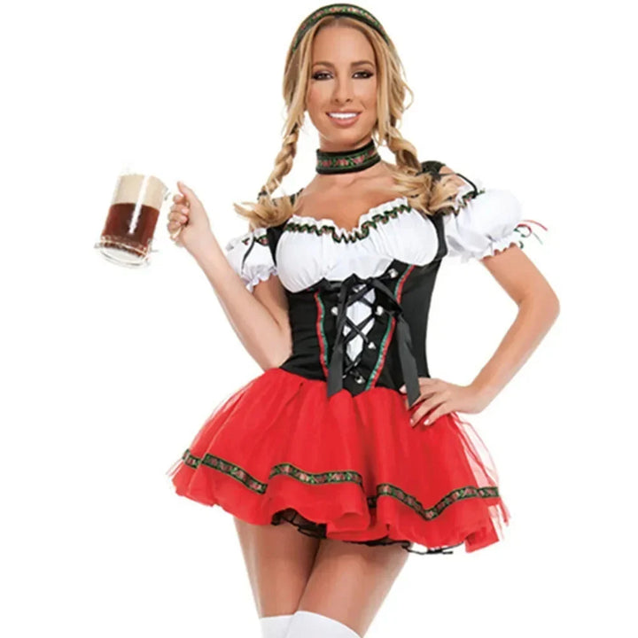 Stilvolles rotes Damen Dirndl Kostüm mit aufwendiger Schnürung und schulterfreiem Design, traditionelles Partykleid.