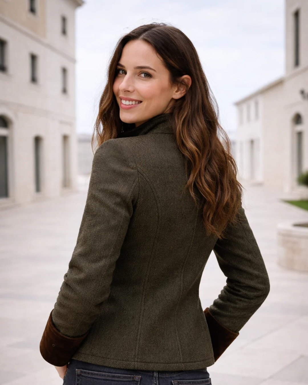 Hochwertige Damen Tweedjacke in Grün, elegant tailliert. Vielseitige klassische Oberbekleidung für Frauen.