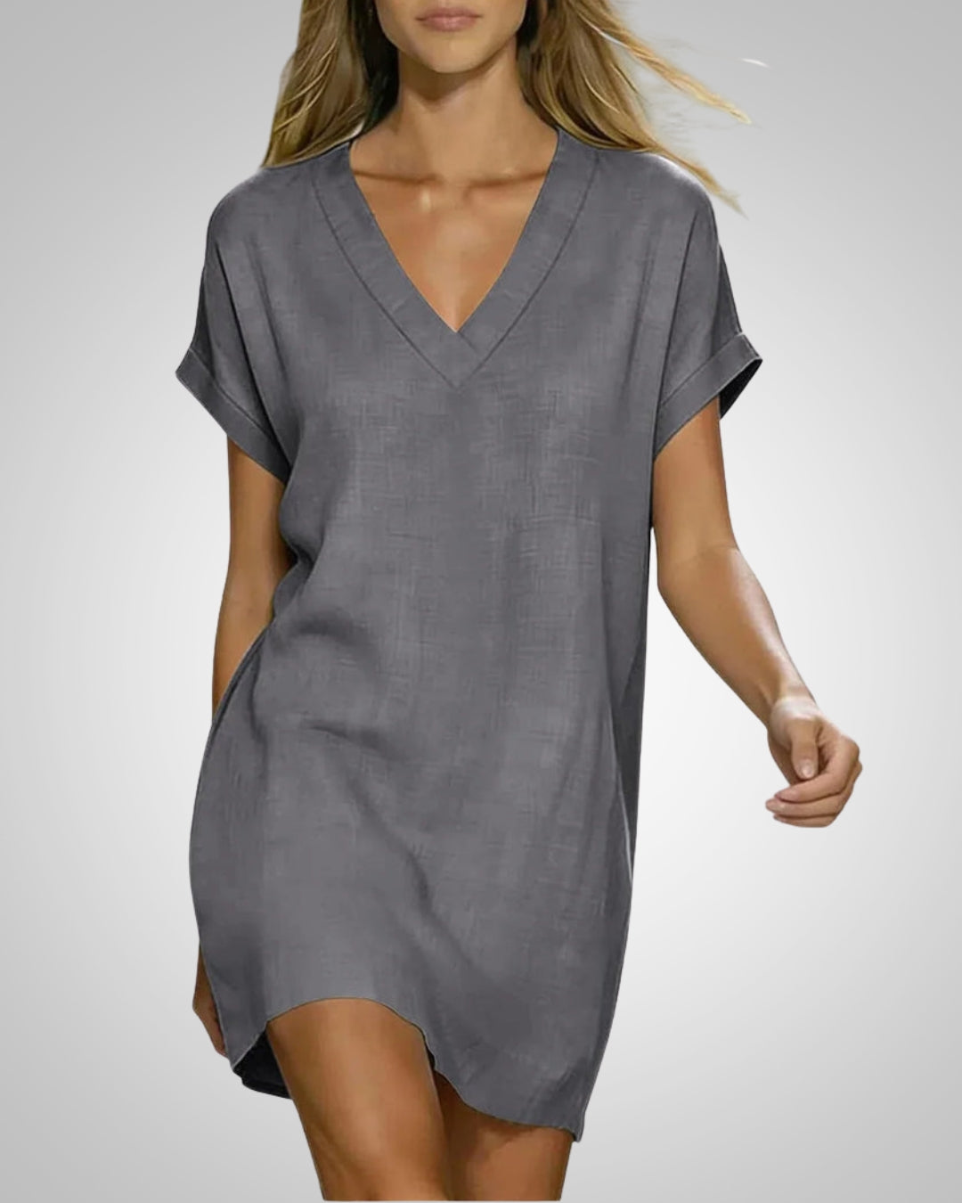 Lässiges Damen Midikleid mit V-Ausschnitt und kurzen Ärmeln, perfekt für den Alltag und die Freizeit.
