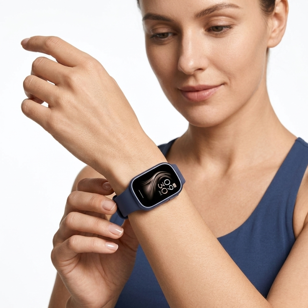 Smartwatch mit Herzfrequenz-Monitoring, wasserdicht und kompatibel mit Android/iOS.