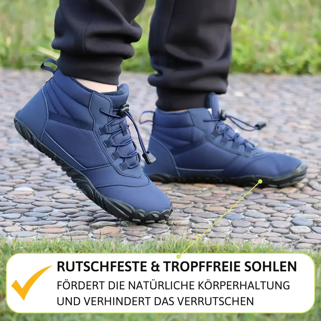 Warme, wetterfeste Unisex Barfuß-Winterschuhe, blau, ideal für Outdoor-Aktivitäten bei Kälte.