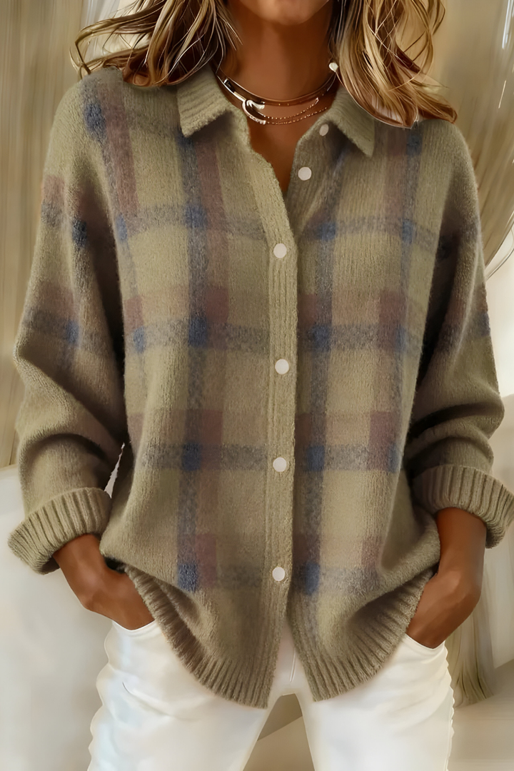 Blauer Damen Karomuster Strickcardigan, zeitloser Retro-Stil, ideal für den Alltag.