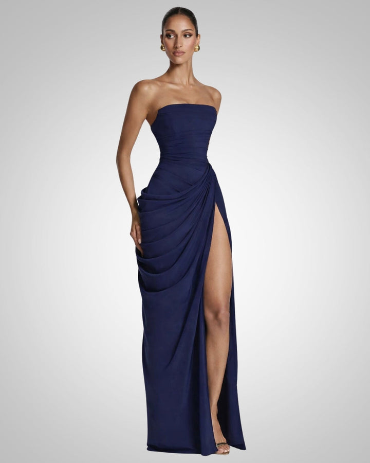 Festliches Damen Maxikleid trägerlos mit hohem Schlitz. Elegantes Abendkleid für besondere Anlässe in Blau.