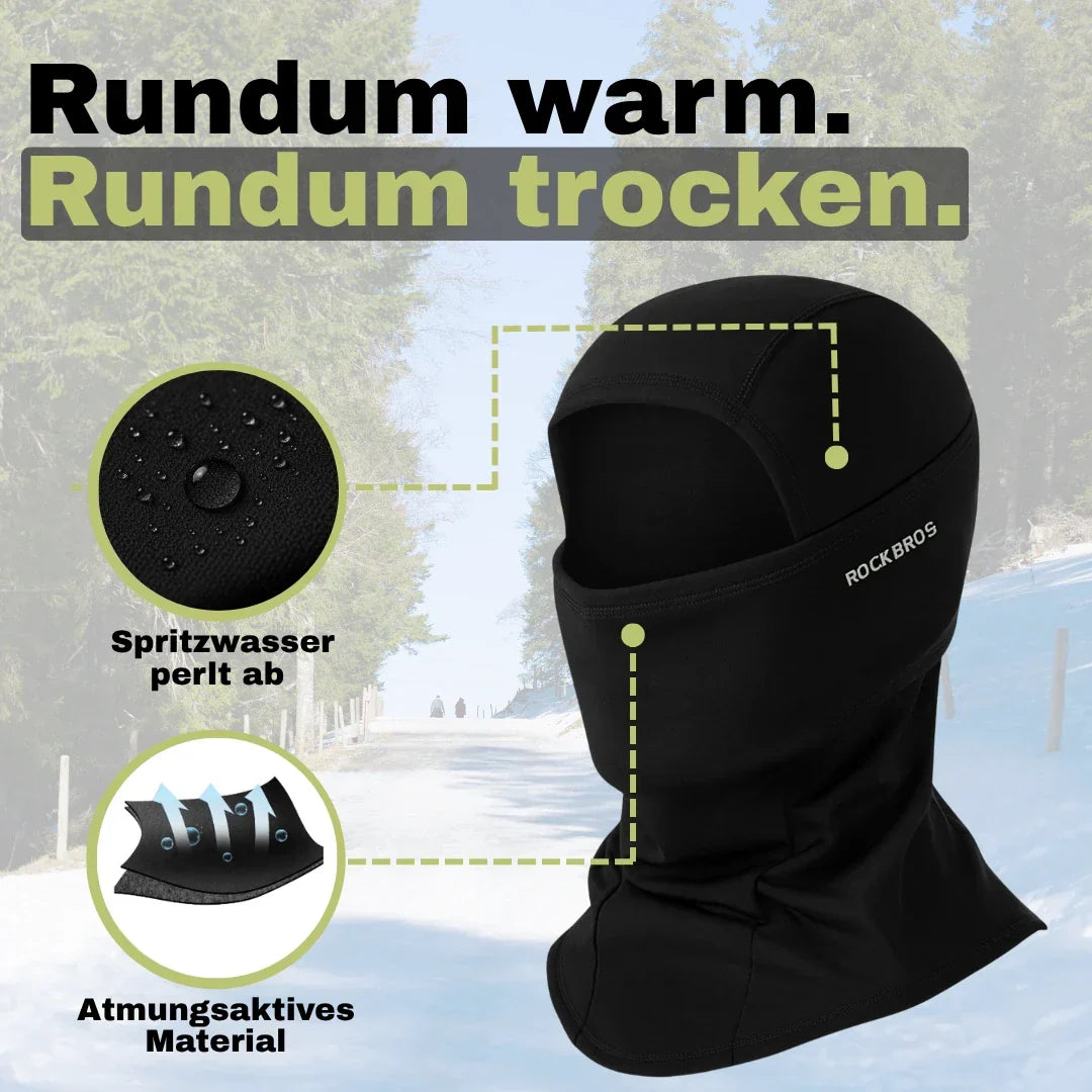 Person trägt schwarze Unisex Winter Sturmhaube für Radfahrer, winddicht und warm, idealer Kälteschutz.