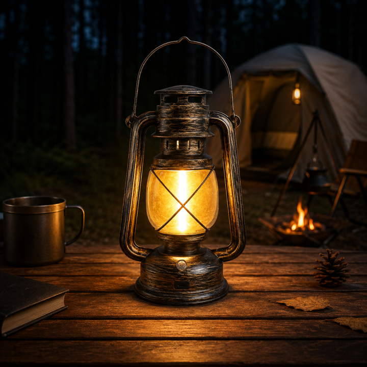 Zeitlose Vintage Flammeneffekt Laterne. Kabellos, wiederaufladbar. Schafft warme Stimmung im Garten oder beim Camping.