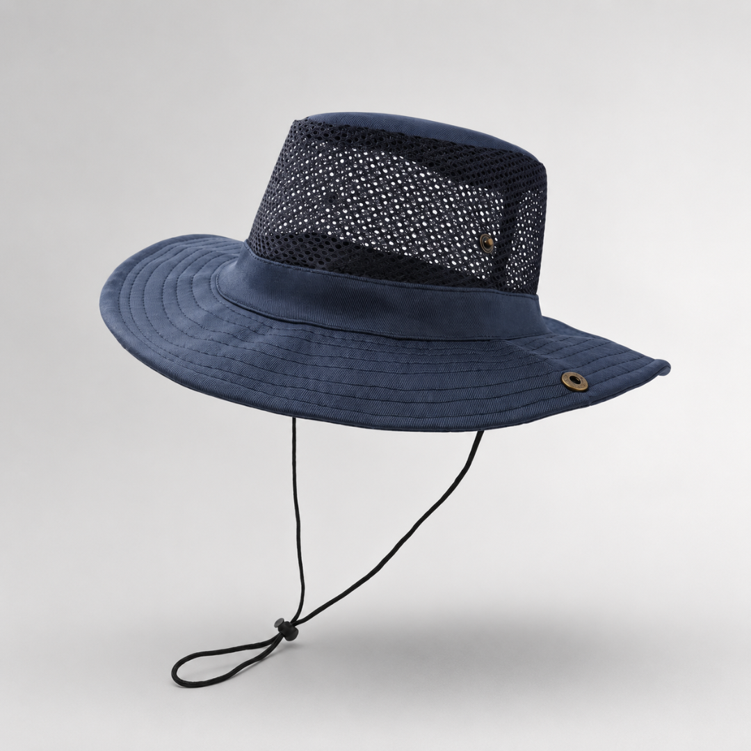 Unisex Outdoorhut mit UV-Schutz, Netzkappe & Kinnriemen für Angeln & Wanderungen.