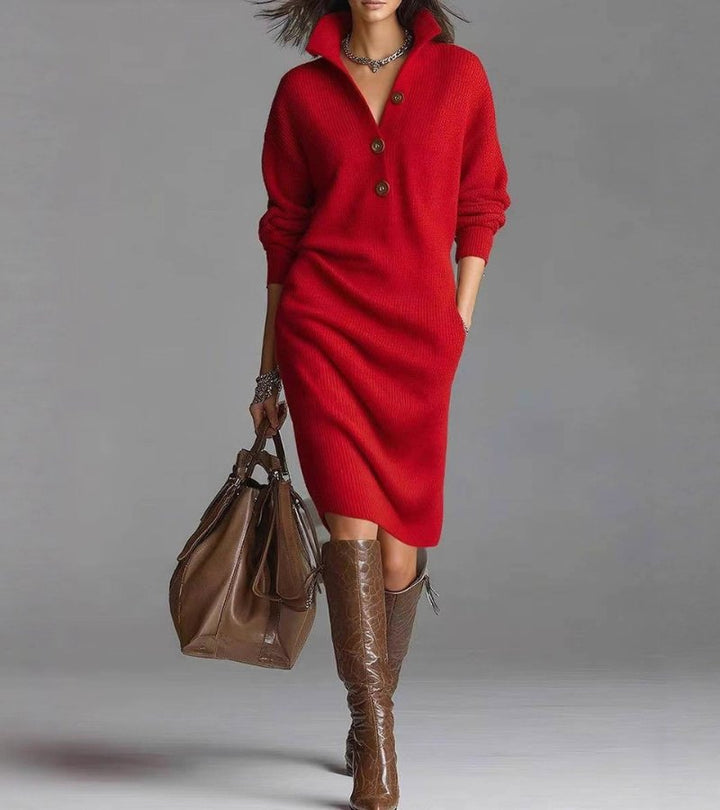 Damen Winterkleid mit praktischen Seitentaschen und Knopfkragen. Modisches Langarmkleid, perfekt als warmes Alltagskleid.
