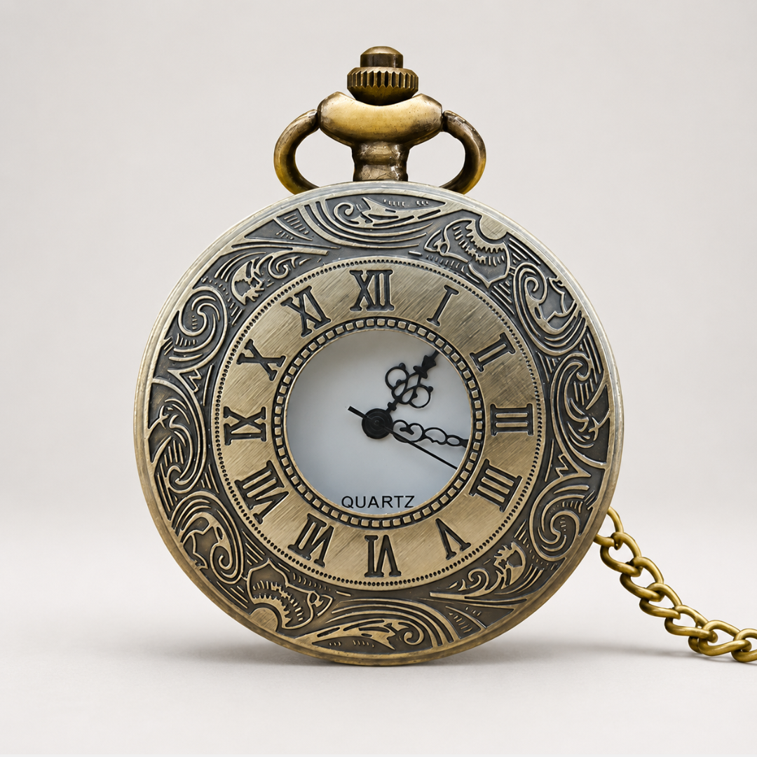Detailansicht des Vintage Taschenuhr-Anhängers, geöffnet mit Zifferblatt & Quarzwerk.