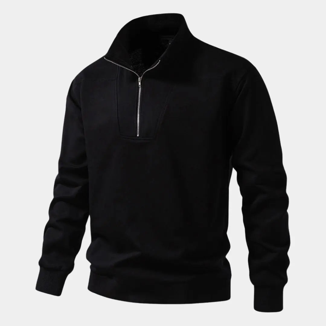 Trendiger schwarzer Herren Kapuzenpullover mit Reißverschluss und markantem Revers, ideal für moderne Freizeitlooks.