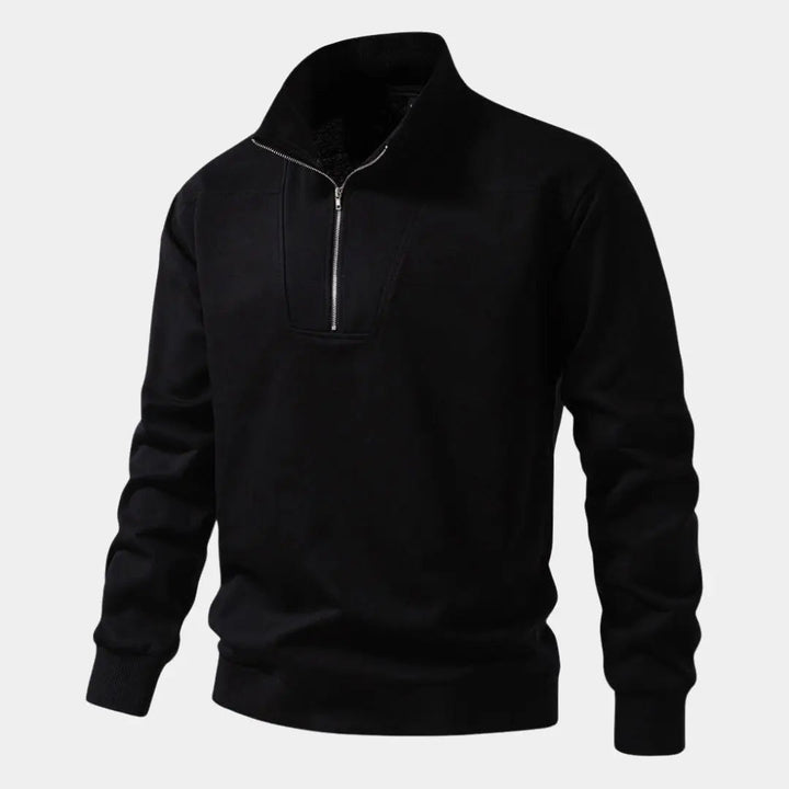 Trendiger schwarzer Herren Kapuzenpullover mit Reißverschluss und markantem Revers, ideal für moderne Freizeitlooks.