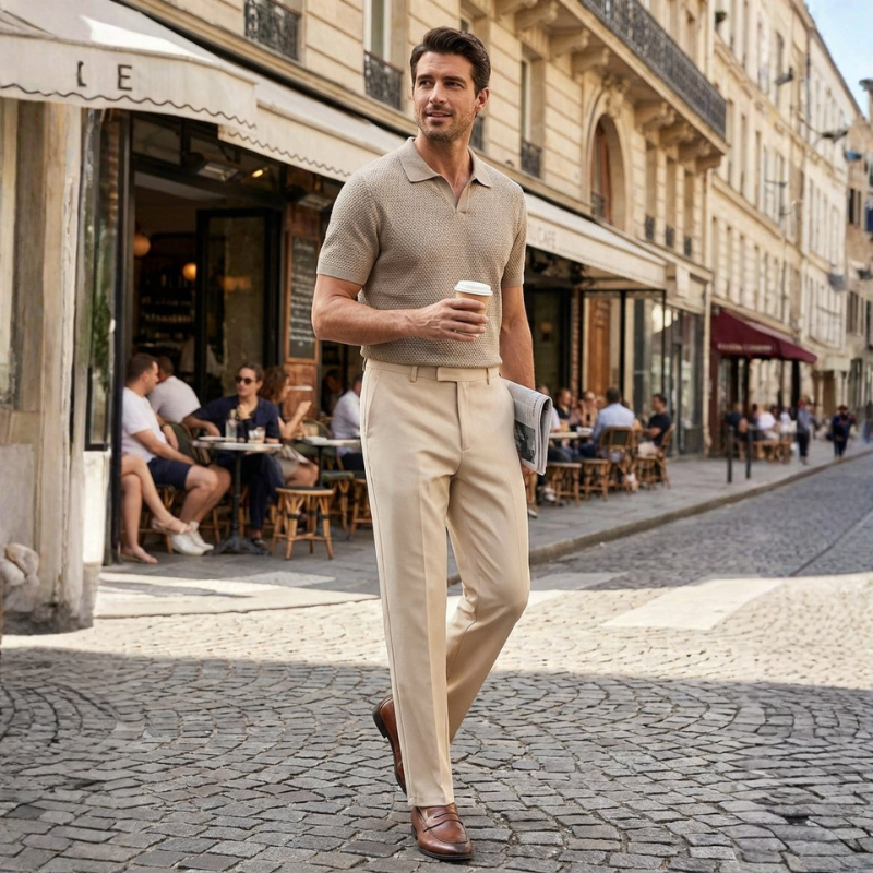 Mann unterwegs in modischer Slim Fit Casual Hose, perfekt für Freizeit, Reisen & stilvollen Komfort.