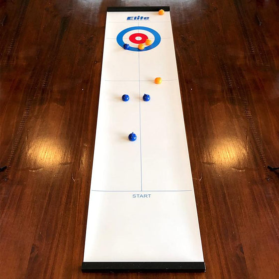 Tischcurling Spielset mit Spielmatte und Curlingscheiben. Ideales Familien- und Geschicklichkeitsspiel für Zuhause.