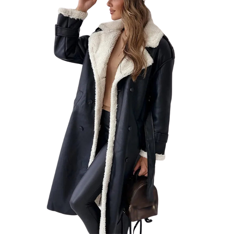 Femininer langer Damen-Wintermantel mit Gürteldetail für eine taillierte Passform. Stilvolle Wintermode.