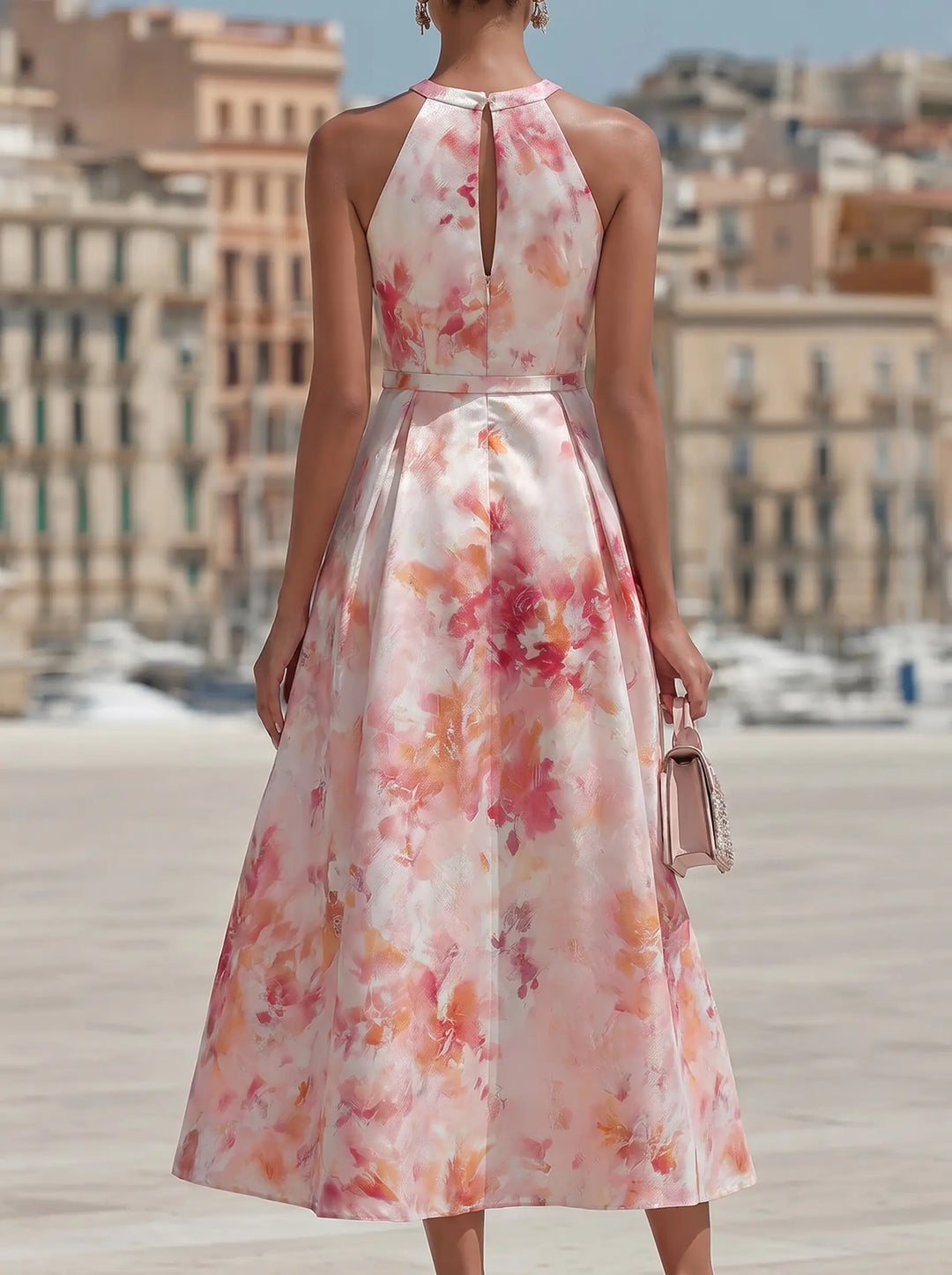 Komfortables Neckholder Midikleid für Damen im sommerlichen Aquarell-Blumenprint; legerer und eleganter Look.