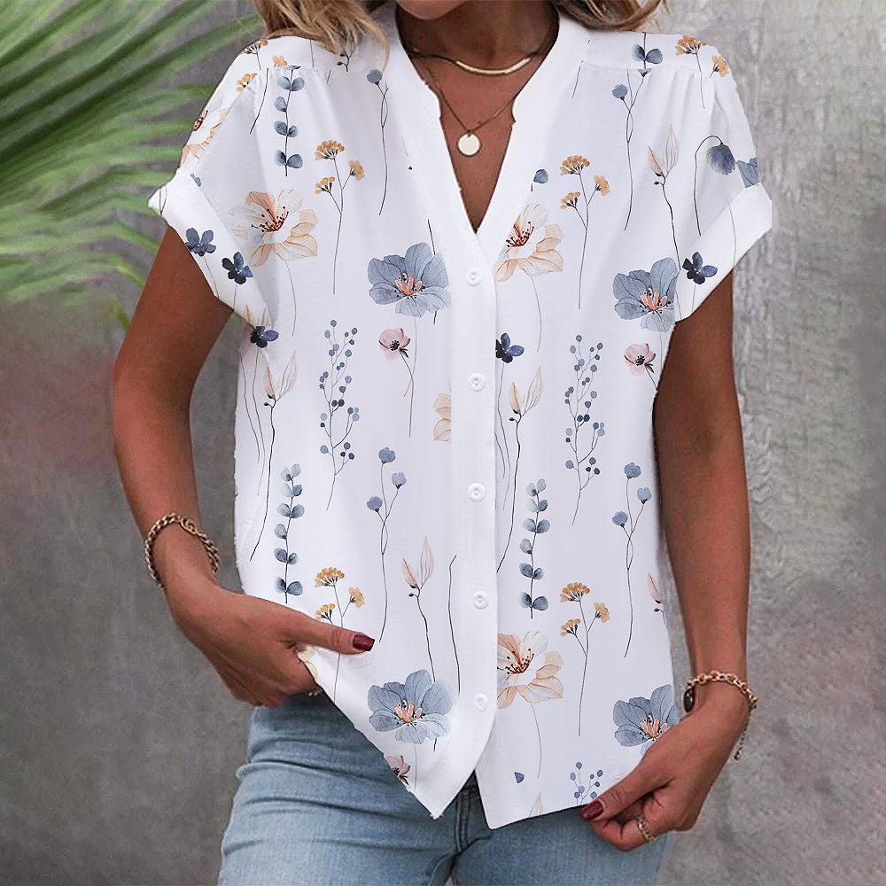 Elegantes weißes Damen Kurzarm-Hemd mit sommerlichem Blumenmuster und V-Ausschnitt, ideal für Freizeit.